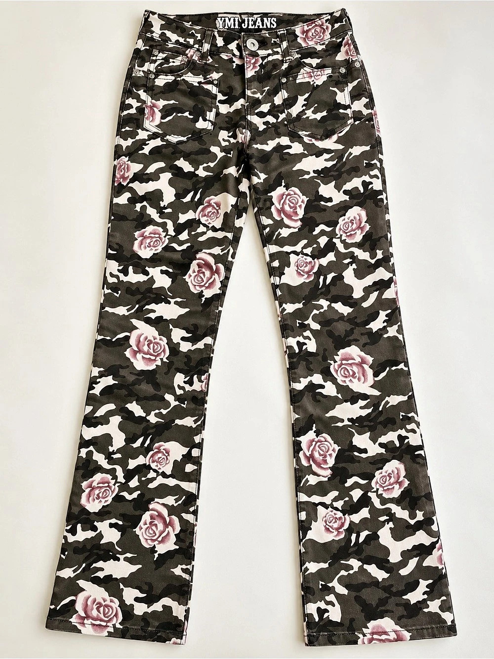 YMI Jeans V.I.P. Camo Rose Print Pants. Camo Flare Jeans Black & Pink Size small